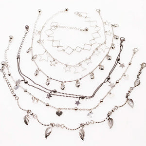 6PCS Mixed Summer Anklet Bracelet Stars Leaves Heart Pattern Leg Chain