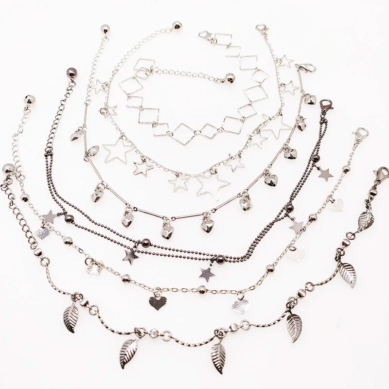 6PCS Mixed Summer Anklet Bracelet Stars Leaves Heart Pattern Leg Chain