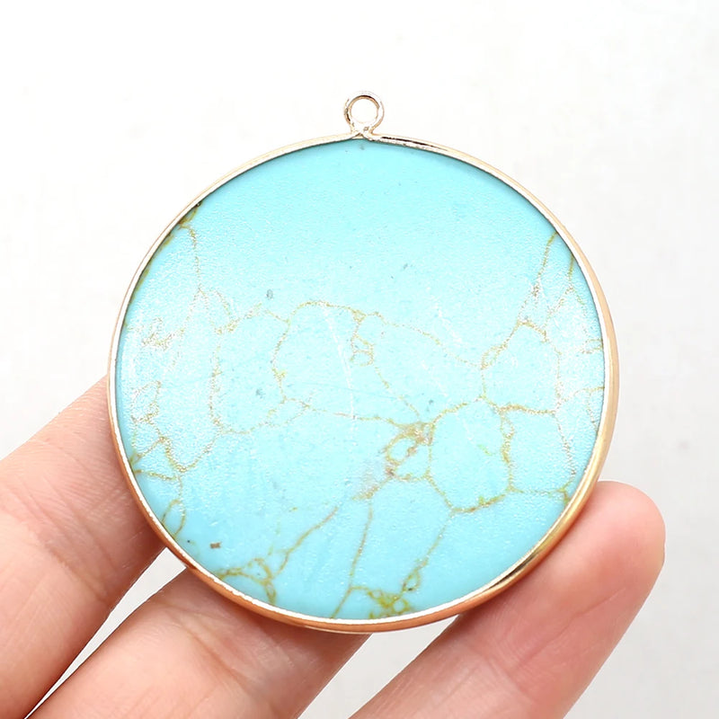 6PCS Natural Stone Rose Quartz Agate Round Plated Pendant