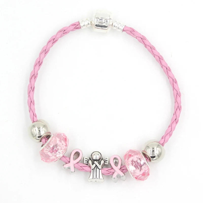 6PCS Pink Ribbon Cancer Bracelet Angel Pink Ribbon Bracelets