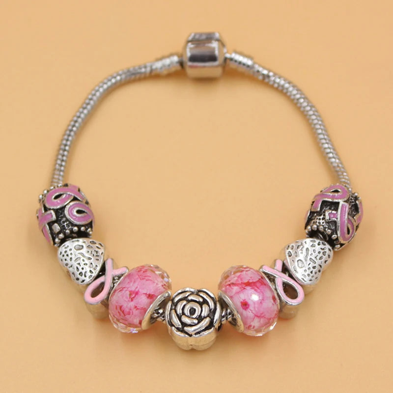 6PCS Pink Ribbon Breast Cancer Bracelets for Awareness Month