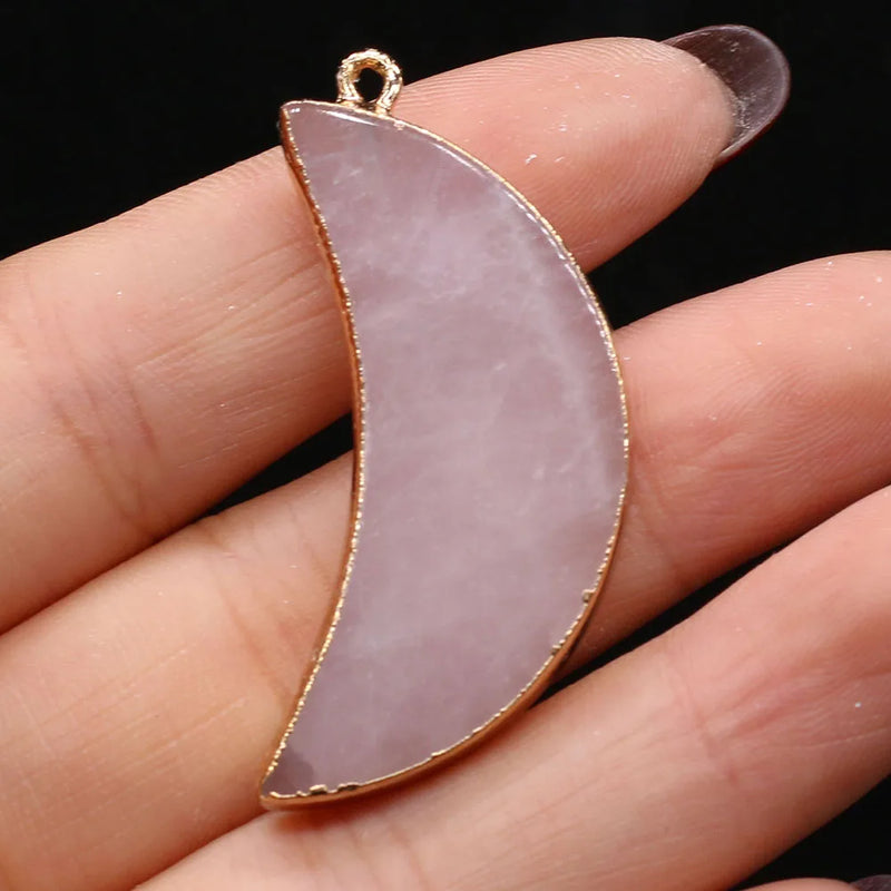 6PCS Rose Quartz Gilt Edge Crescent Pendant for DIY Crafts