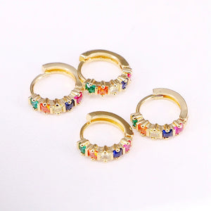 Colorful CZ Hoop Earrings, Micro Pave Crystal Zirconia Circle Shape Ear Studs