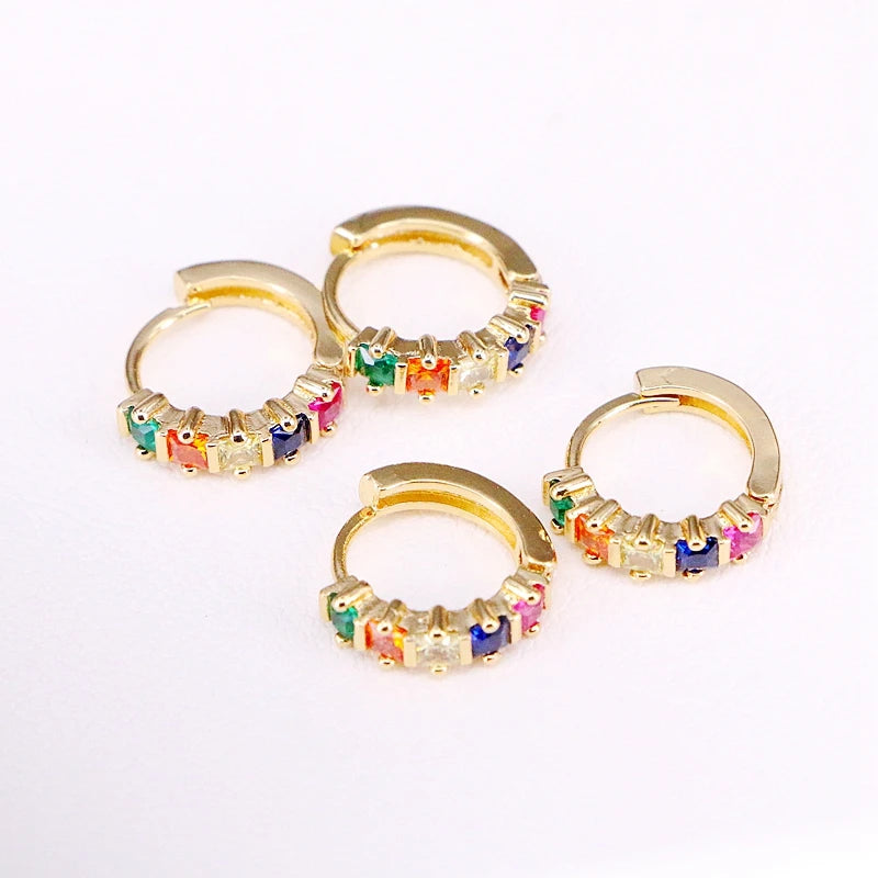 Colorful CZ Hoop Earrings, Micro Pave Crystal Zirconia Circle Shape Ear Studs