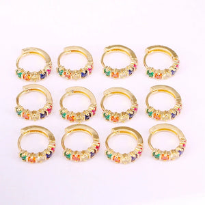 Colorful CZ Hoop Earrings, Micro Pave Crystal Zirconia Circle Shape Ear Studs