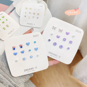 6Pairs Purple Green Flower Tulip Bow Cherry Weekly Stud Earrings Set