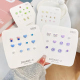 6Pairs Purple Green Flower Tulip Bow Cherry Weekly Stud Earrings Set