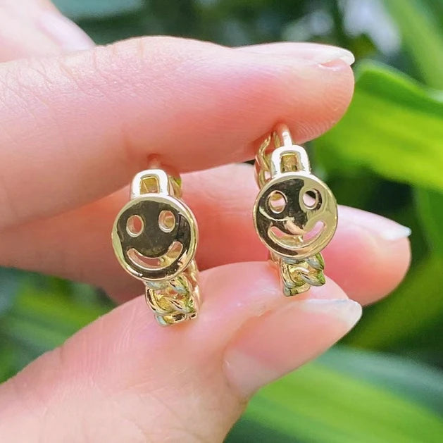 6Pairs Plated Cuban Chain Smile Face Small Hoop Earrings Women Girl