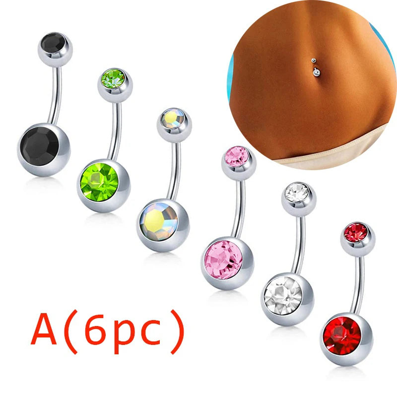 6Pcs 14G Stainless Steel Women Navel Bars Crystal Acrylic Glitter Double Pearl