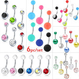 6Pcs 14G Stainless Steel Women Navel Bars Crystal Acrylic Glitter Double Pearl
