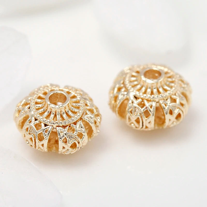 6Pcs Brass 14K Plated Hollow Flat Round Beads Jewelry Making Spacer Beads