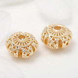 6Pcs Brass 14K Plated Hollow Flat Round Beads Jewelry Making Spacer Beads