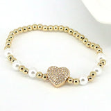 6Pcs CZ Pave Heart Pearl Shell Bracelet Copper Beaded Stretch Bracelet