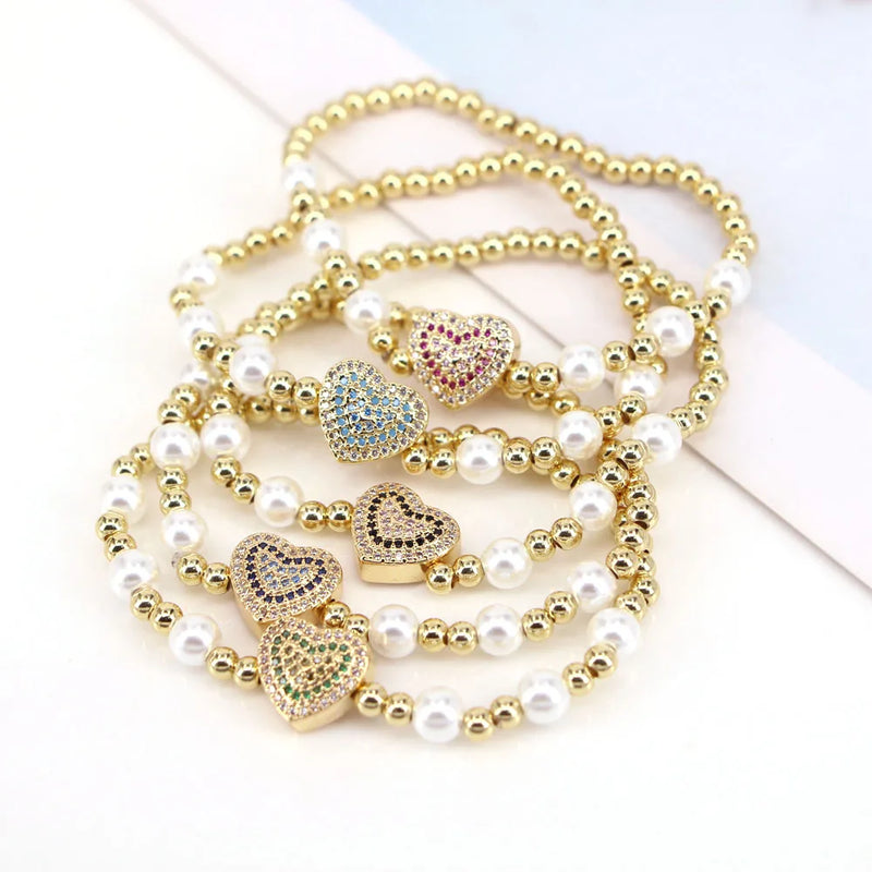6Pcs CZ Pave Heart Pearl Shell Bracelet Copper Beaded Stretch Bracelet