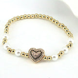 6Pcs CZ Pave Heart Pearl Shell Bracelet Copper Beaded Stretch Bracelet