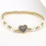 6Pcs CZ Pave Heart Pearl Shell Bracelet Copper Beaded Stretch Bracelet