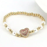 6Pcs CZ Pave Heart Pearl Shell Bracelet Copper Beaded Stretch Bracelet