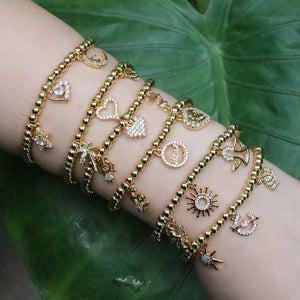 6Pcs Zircon Small Pendant Bracelet Elastic Beads Chain Couple Bangle Jewelry