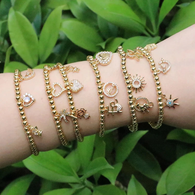 6Pcs Zircon Small Pendant Bracelet Elastic Beads Chain Couple Bangle Jewelry
