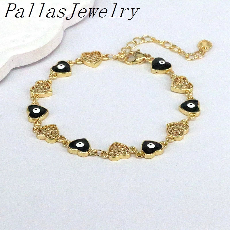 Colorful Enamel CZ Zirconia Heart Eye Bracelets Link Chain For Women