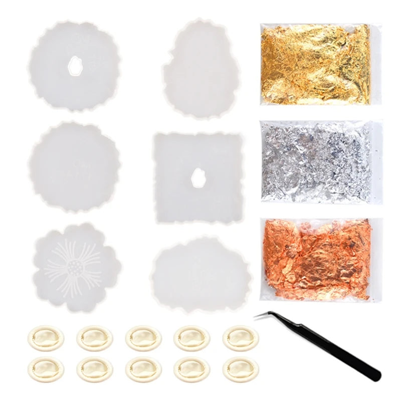 6Pcs DIY Silicone Coaster Resin Casting Molds Kit with Foil Flakes Tweezers