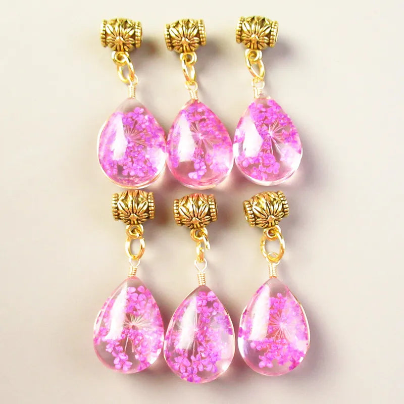 6Pcs Purple Dried Flower Teardrop Pendant Bead Jewelry DIY