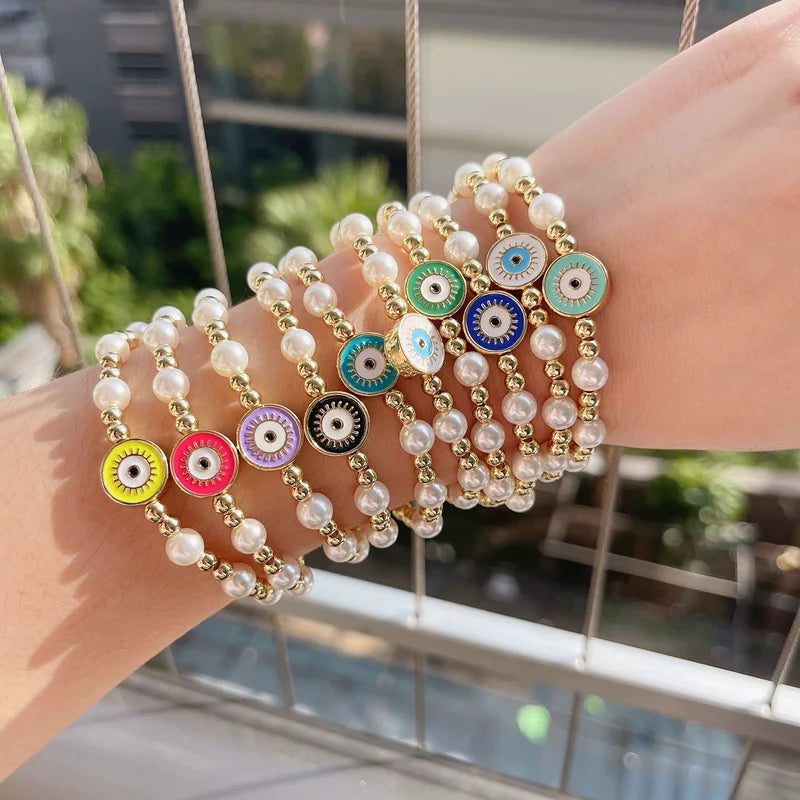 Enamel Heart Star Eye Bridal Bracelet, Wedding Elastic Pearl Jewelry