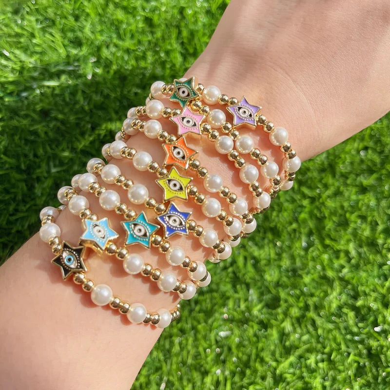 Enamel Heart Star Eye Bridal Bracelet, Wedding Elastic Pearl Jewelry