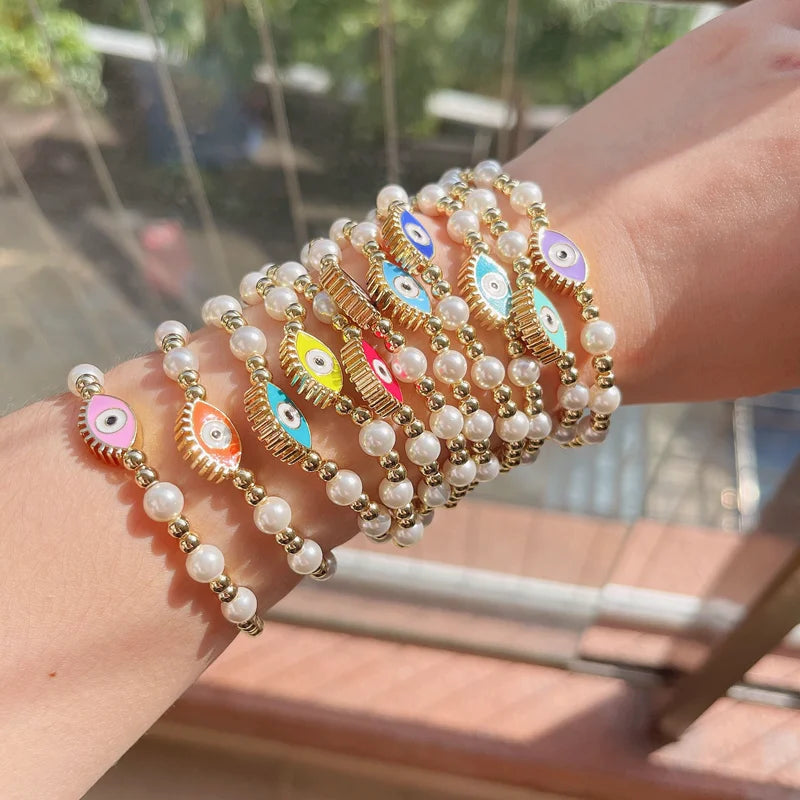 Enamel Heart Star Eye Bridal Bracelet, Wedding Elastic Pearl Jewelry