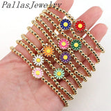 6Pcs Beads Elastic Bracelet with Enamel Flower Charm for Women