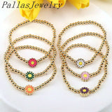6Pcs Beads Elastic Bracelet with Enamel Flower Charm for Women