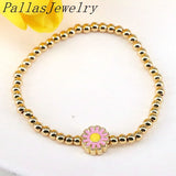 6Pcs Beads Elastic Bracelet with Enamel Flower Charm for Women