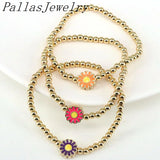 6Pcs Beads Elastic Bracelet with Enamel Flower Charm for Women
