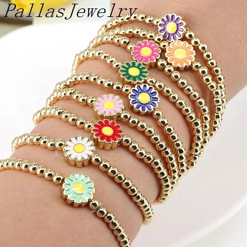 6Pcs Beads Elastic Bracelet with Enamel Flower Charm for Women