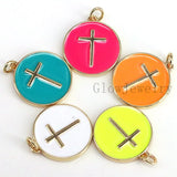 6Pcs Gold Filled Enamel Cross on Round Coin Pendant