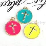 6Pcs Gold Filled Enamel Cross on Round Coin Pendant