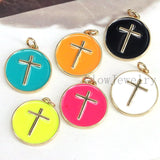 6Pcs Gold Filled Enamel Cross on Round Coin Pendant