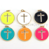 6Pcs Gold Filled Enamel Cross on Round Coin Pendant