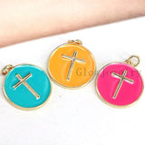 6Pcs Gold Filled Enamel Cross on Round Coin Pendant