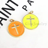6Pcs Gold Filled Enamel Cross on Round Coin Pendant