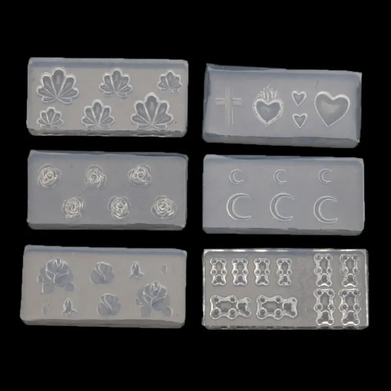 6Pcs Nail Art Silicone Mold Kit Moon Cross Flower Bear Nail Carving Templates
