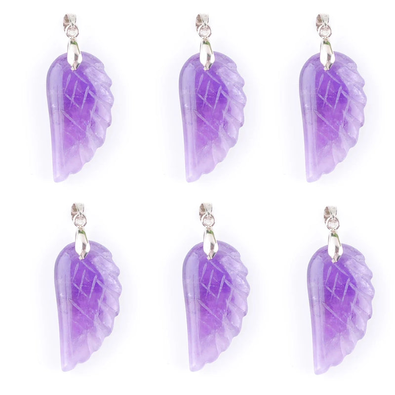 6Pcs Natural Amethysts Stone Angel Wing Pendant Charm Purple Crystal