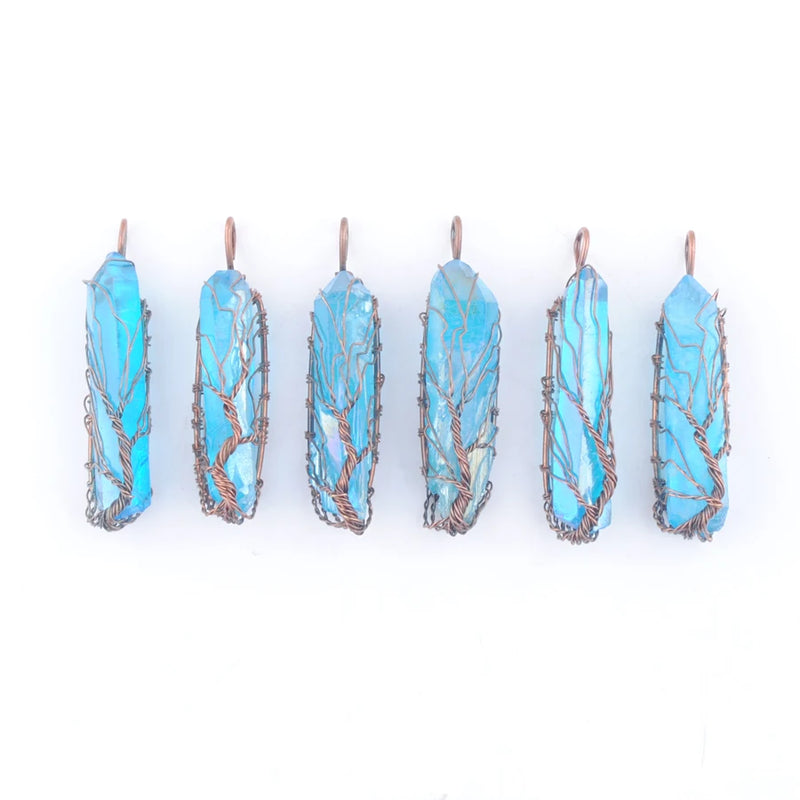 6Pcs Natural Crystal Pillar Pendants, Tree of Life Necklace Jewelry