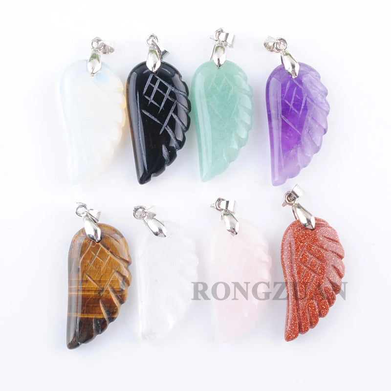 6Pcs Natural Gem Stone Angel Wings Pendants Beads for Jewelry Making