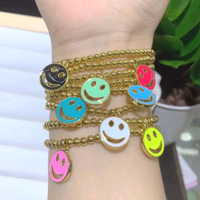 6Pcs Colorful Enamel Smiling Gold-Plated Bead Bracelet Women Jewelry
