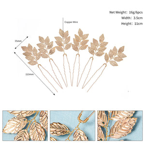 6Pcs Leaf Hair Pins Clips U Shape Sticks Bride Wedding Hair Jewelry