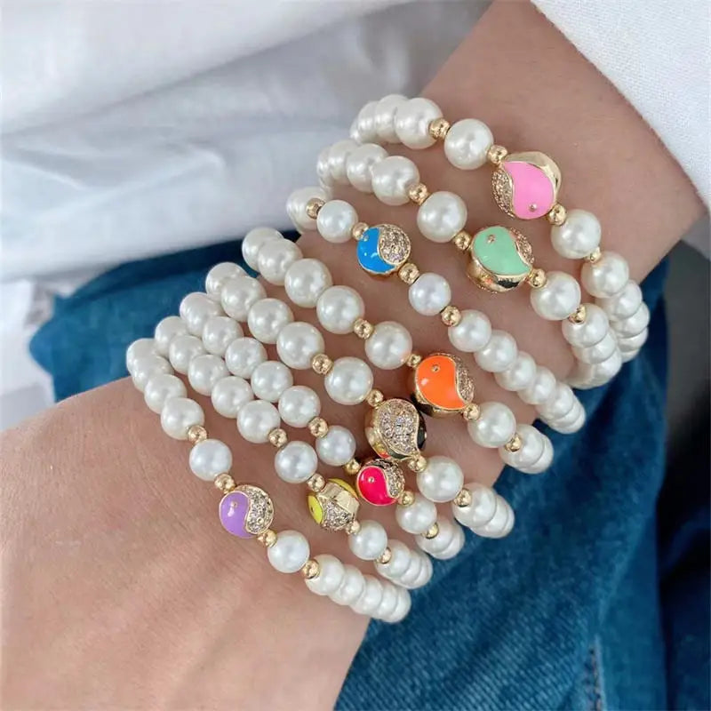 6Pcs 18k Plated Zircon Enamel TaiJi Pearl Beaded Bracelet