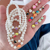 6Pcs 18k Plated Zircon Enamel TaiJi Pearl Beaded Bracelet
