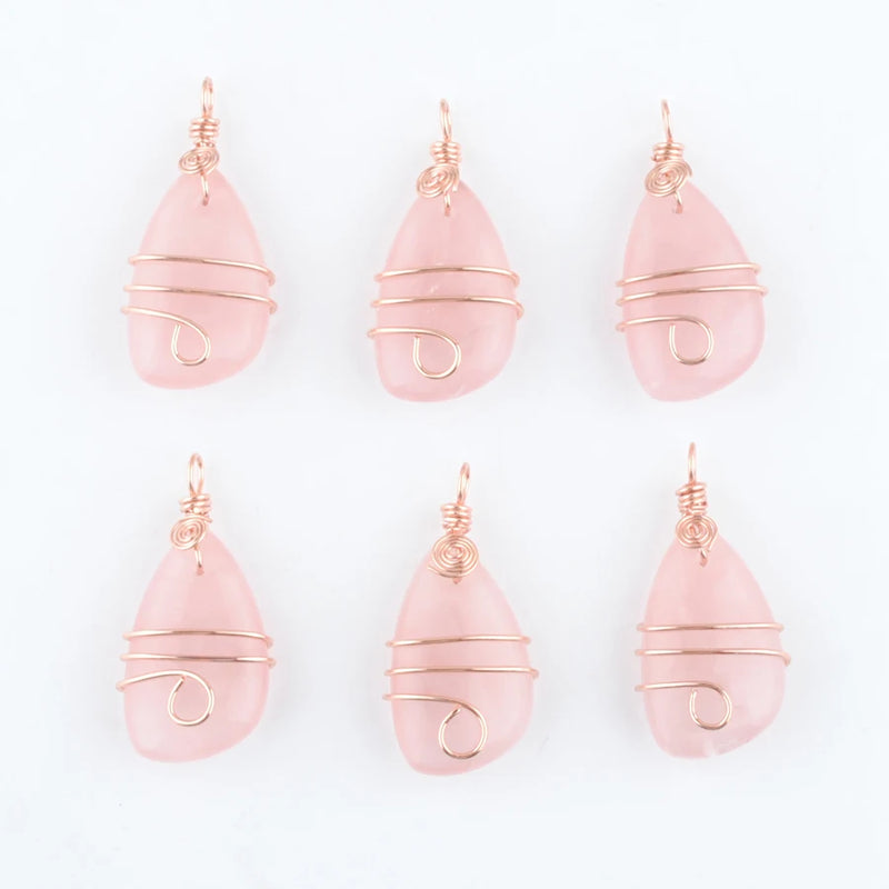 6Pcs Rose Quartz Copper Wrap Pendant Irregular Geometric Bead Charms