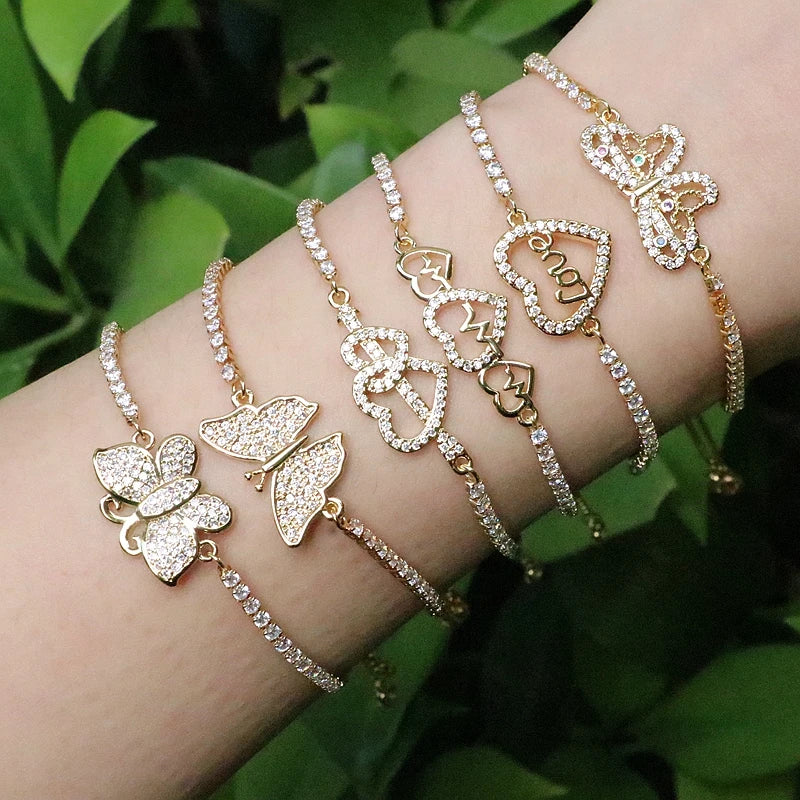 Butterfly Heart Charm Bracelet with Zircon Pave Tennis Chain